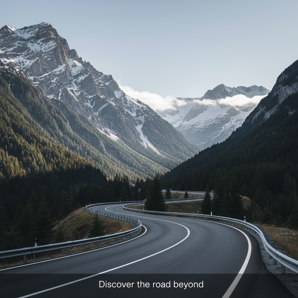 A panoramic, photographic-realism landscape of an empty alpine pass, the smooth asphalt road cutting a graceful S-curve between towering, snow-dusted peaks and dark evergreen forests. Freshly painted lane markings and clean guardrails suggest a well-maintained, inviting motorroutes destination. The scene is illuminated by clear, mid-morning sunlight from the right, creating crisp detail in the rock faces and subtle sheen on the road surface. Low-hanging clouds cling to distant ridges, adding depth and drama. Shot from a slightly elevated angle with wide-angle composition, the image keeps everything in sharp focus to emphasize route clarity and terrain variety. The mood is professional yet awe-inspiring, evoking the tagline “Discover the road beyond” through a clean, modern, exploration-driven aesthetic without any vehicles present.