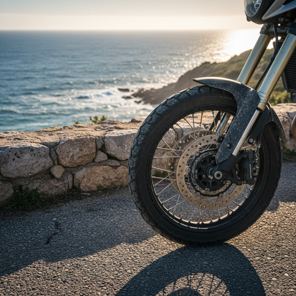 A close-up, eye-level shot of a motorcycle’s front wheel and fork, coated in a thin layer of dried road dust, positioned on a narrow coastal cliff road with a low stone barrier. Beyond the wheel, the background falls away into a sweeping ocean panorama with gentle waves glinting in the distance. Warm, low-angle sunrise light catches the textured rubber of the tire and brushed metal brake disc, creating subtle rim lighting and delicate highlights. The depth of field is shallow, keeping the wheel in razor-sharp focus while the coastline and sea blur into a soft bokeh. The image embodies a professional, premium, photographic realism style that emphasizes the tactile details of long-distance riding and the promise of unexplored coastal routes.