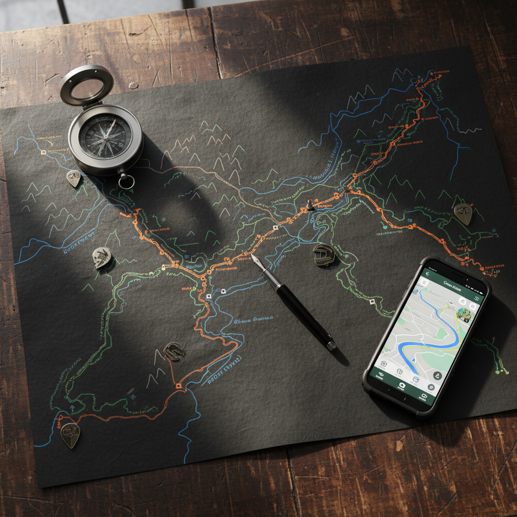 An overhead, photographic-realism view of a large matte-black paper map spread across a weathered wooden workbench, covered with intricately drawn motorcycle routes highlighted in different colors. Metal route markers, a brushed-steel compass, and a slim black fountain pen rest on the map, while a rugged smartphone with a glowing navigation app lies to the side, displaying a twisting scenic route. Soft, diffused window light falls from the left, casting gentle shadows and subtle reflections on the compass and phone screen. The atmosphere is analytical yet adventurous, evoking professional trip planning. The composition uses asymmetrical balance, with the map dominating the frame and the tools of navigation providing focal points, all in crisp focus for a clean, modern, road-discovery aesthetic.